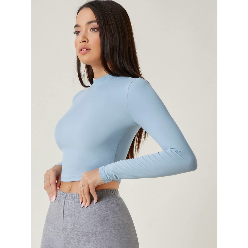 Long sleeve Mock Neck Solid Crop Tee shirt black - Picture 7 of 11